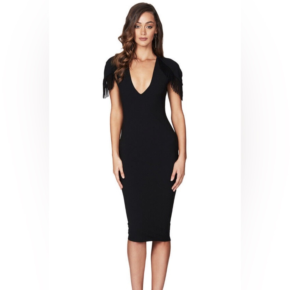 Nookie Fringe Mendez Black Elegant MIDI Dress NWT Small